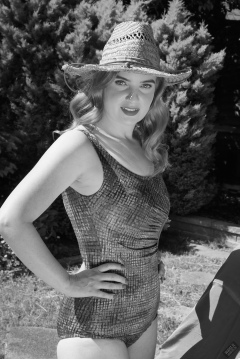 Harriet in golden retro  "Half Moon" tummy control swimsuit