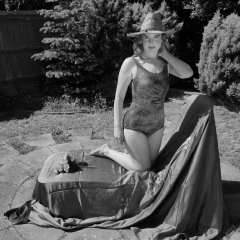Harriet in golden retro  "Half Moon" tummy control swimsuit