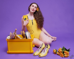 2025-06-14 Mellow Yellow set. Estella Rose models yellow one-piece sports swimsuit and a box load of other yellow sporty stuff