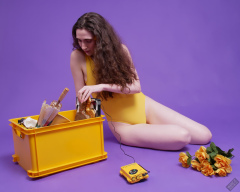 2025-06-14 Mellow Yellow set. Estella Rose models yellow one-piece sports swimsuit and a box load of other yellow sporty stuff