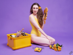 2025-06-14 Mellow Yellow set. Estella Rose models yellow one-piece sports swimsuit and a box load of other yellow sporty stuff 2025-06-14 Mellow Yellow set. Estella Rose models yellow one-piece sports swimsuit and a box load of other yellow sporty stuff