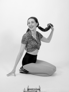 Estalla Rose exercises in vitage t-shirt and girdle Estalla Rose exercises in vitage t-shirt and girdle