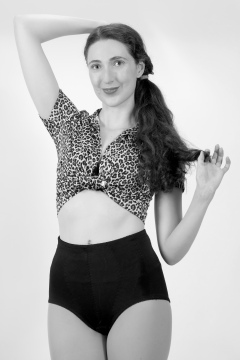 Estalla Rose exercises in vitage t-shirt and girdle Estalla Rose exercises in vitage t-shirt and girdle