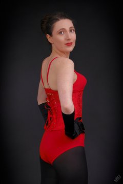 2026-02-07 Estella-Rose matching red bra, under bust corset and control briefs worn as hot pants