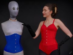 2026-02-07 Estella-Rose matching red bra, under bust corset and control briefs worn as hot pants