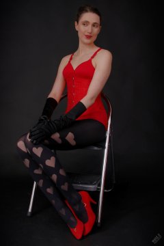 2026-02-07 Estella-Rose matching red bra, under bust corset and control briefs worn as hot pants