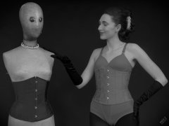 2026-02-07 Estella-Rose matching red bra, under bust corset and control briefs worn as hot pants