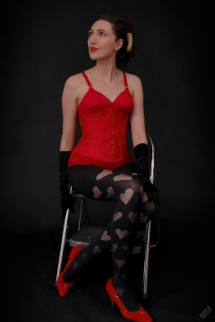 2026-02-07 Estella-Rose matching red bra, under bust corset and control briefs worn as hot pants