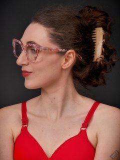 2026-02-07 Estella-Rose matching red bra, under bust corset and control briefs worn as hot pants