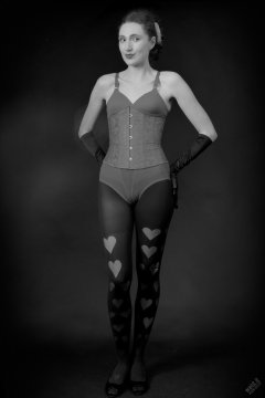 2026-02-07 Estella-Rose matching red bra, under bust corset and control briefs worn as hot pants