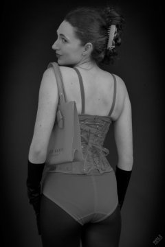 2026-02-07 Estella-Rose matching red bra, under bust corset and control briefs worn as hot pants