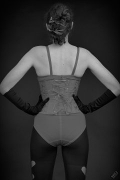 2026-02-07 Estella-Rose matching red bra, under bust corset and control briefs worn as hot pants