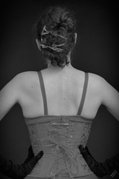 2026-02-07 Estella-Rose matching red bra, under bust corset and control briefs worn as hot pants