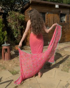 2026-08-01 Estella Rose models her own pink pageant evening dress.