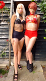 Katy + Momo modelling dance tops and matching pocket girdles. emerging from the old shed, during their first retro fitness shoot 2014-08-24