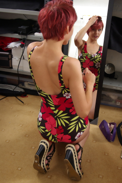 Momo - first retro fitness shoot 2014-08-24, Candid shot as Momo models tight, vintage-style, Chinese tummy control one-piece swimsuit, whilst doing her hair