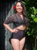2015-06-27 Marta models vintage black bra and lace top with tight black vintage Lycra pantie girdle worn as  hotpants, to give her a slim but curvy retro look
