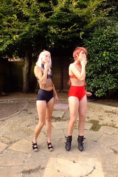 Katy + Momo modelling dance tops and matching pocket girdles. relaxing in the garden, during their first retro fitness shoot 2014-08-24