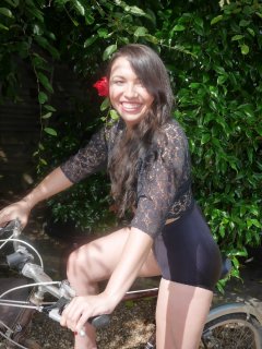 2015-06-27 Marta goes for a bike ride, whilst modelling  vintage black bra and lace top with tight black vintage Lycra pantie girdle worn as  hotpants, to give a slim but curvy retro look